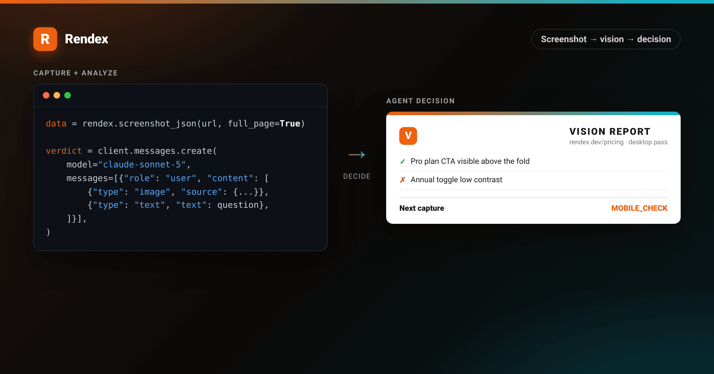 Python code capturing an AI agent web screenshot with Rendex next to the resulting vision-model analysis report