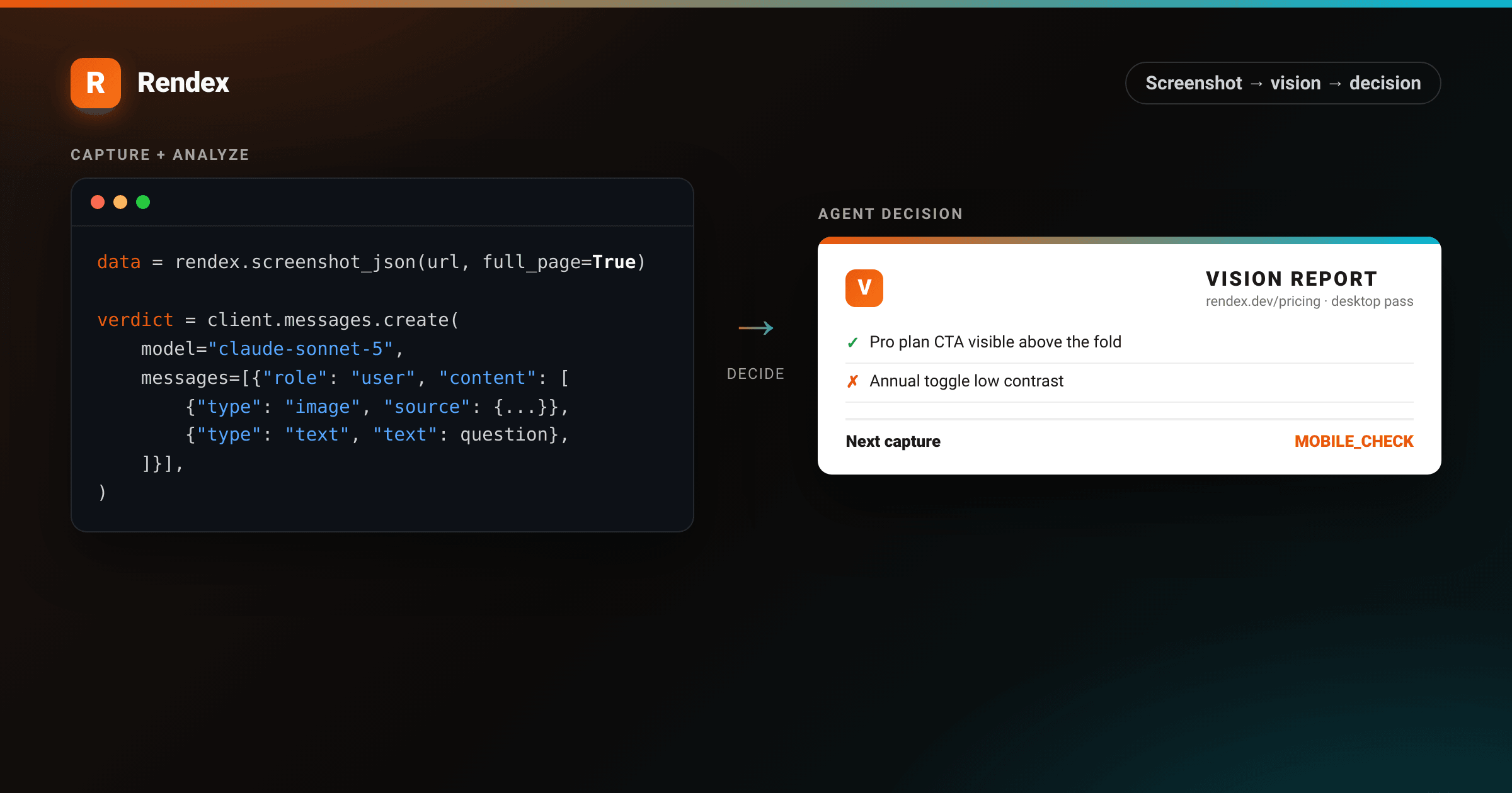 Python code capturing an AI agent web screenshot with Rendex next to the resulting vision-model analysis report