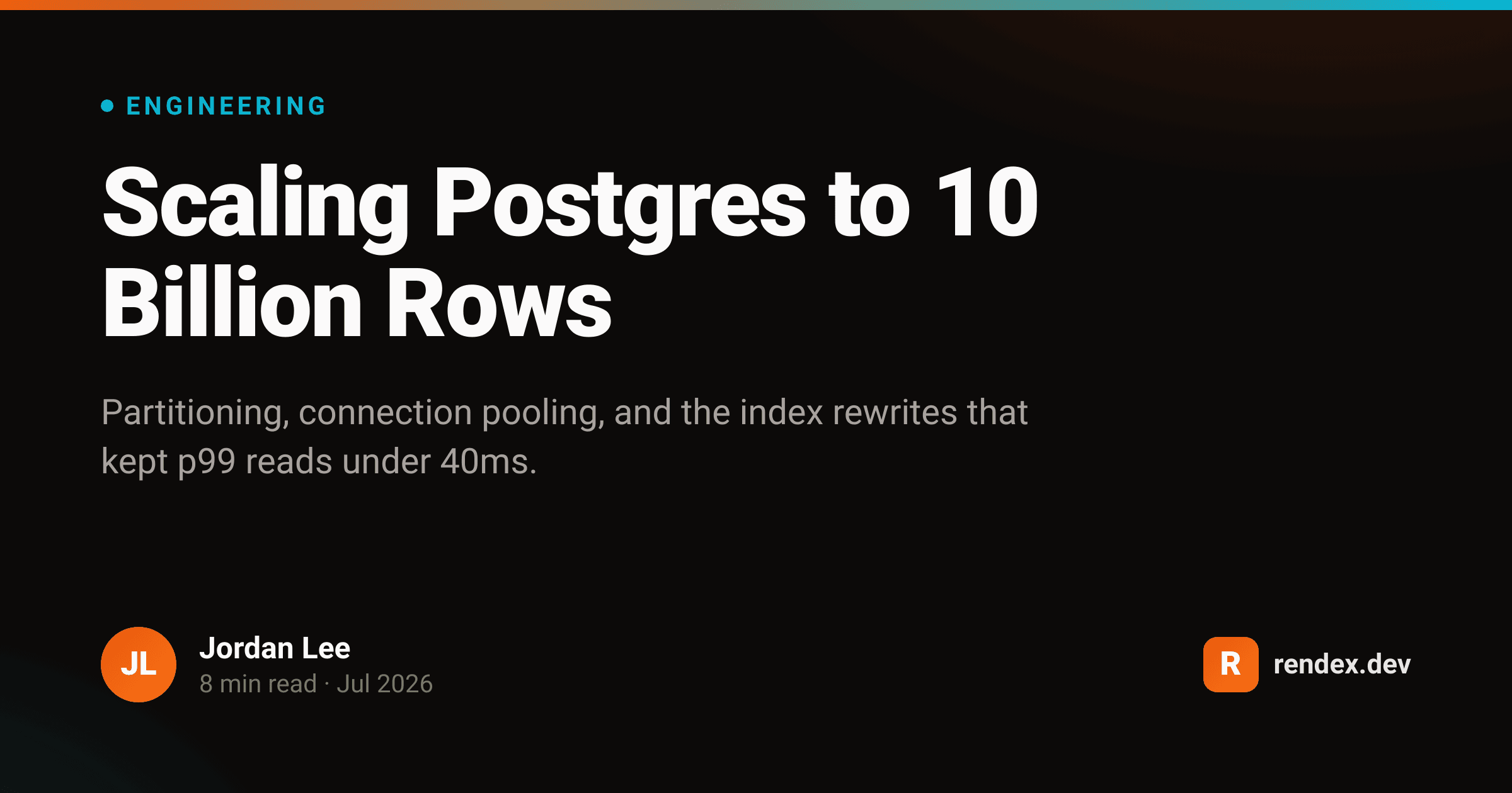 A 1200x630 OG card rendered by the Rendex og image generator from HTML: a dark branded blog card with an Engineering eyebrow, bold title, excerpt, author, and rendex.dev domain
