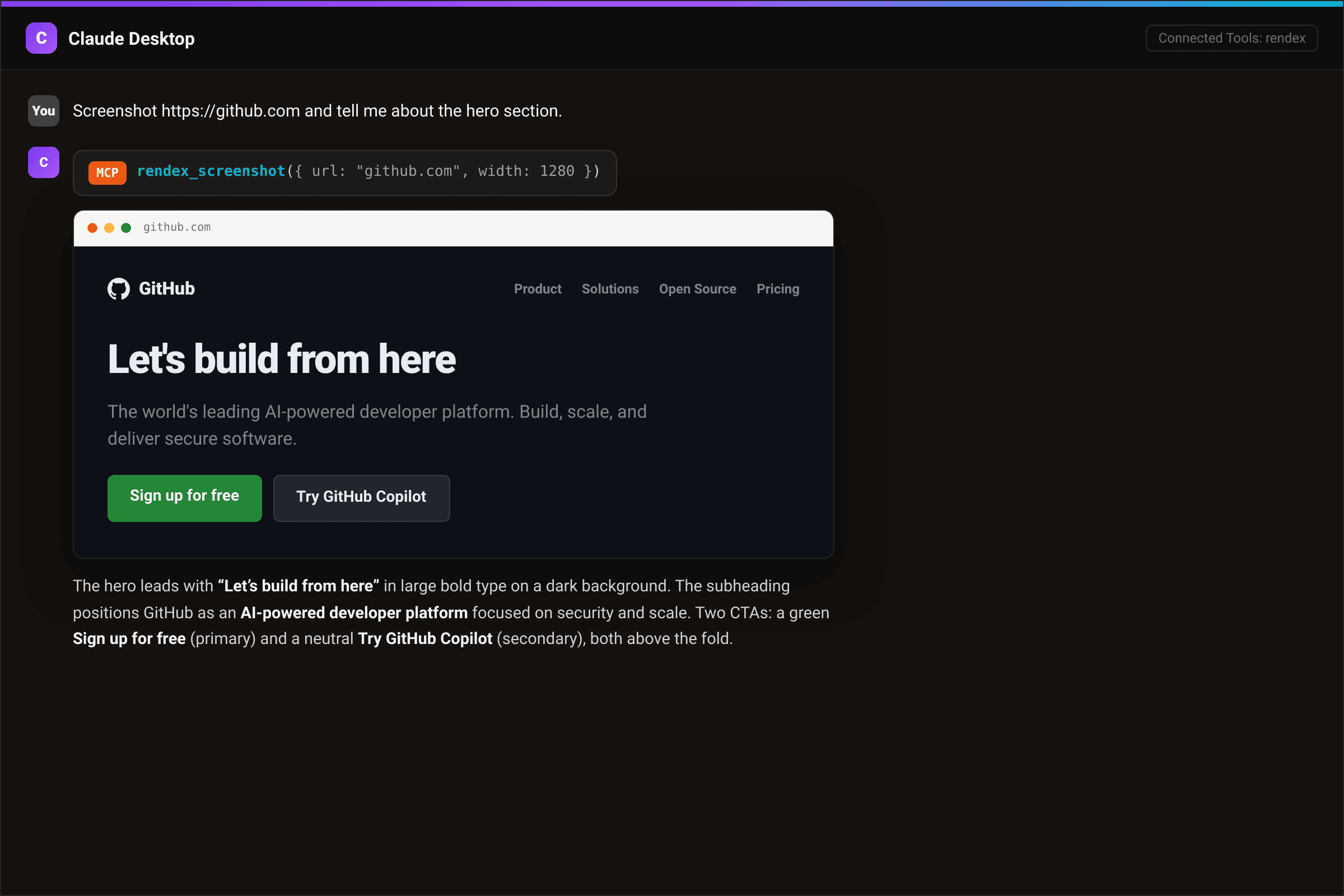 Claude Desktop chat: the user asks to screenshot github.com, Claude calls rendex_screenshot via MCP, returns the captured GitHub hero in a browser frame, and gives a written summary