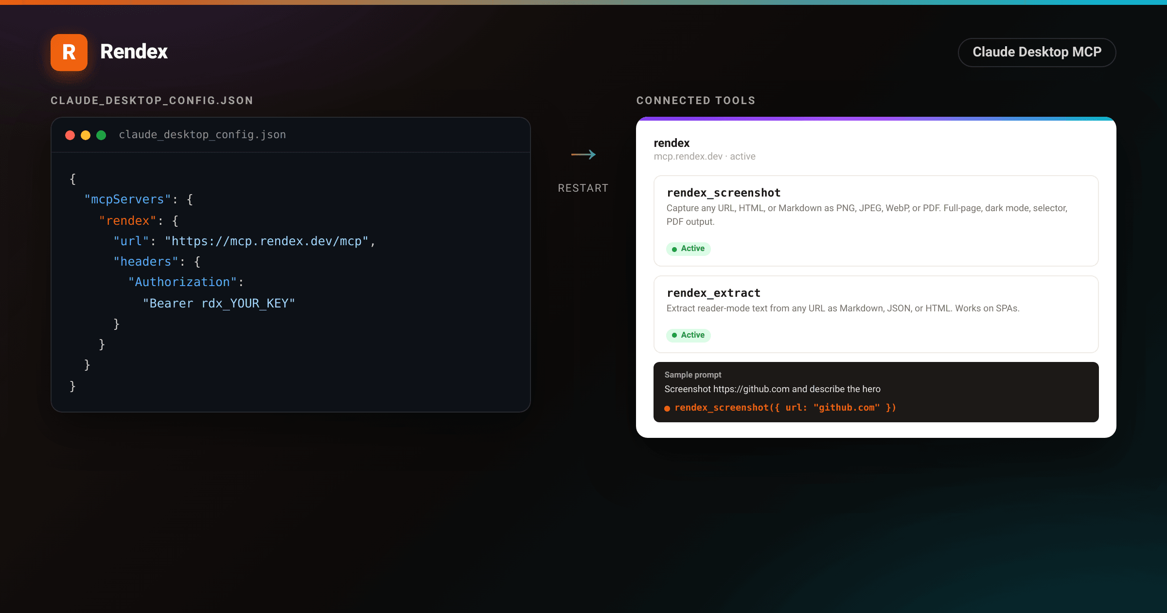 claude_desktop_config.json with the Rendex MCP server block on the left, Claude Desktop Connected Tools panel showing rendex_screenshot and rendex_extract active on the right