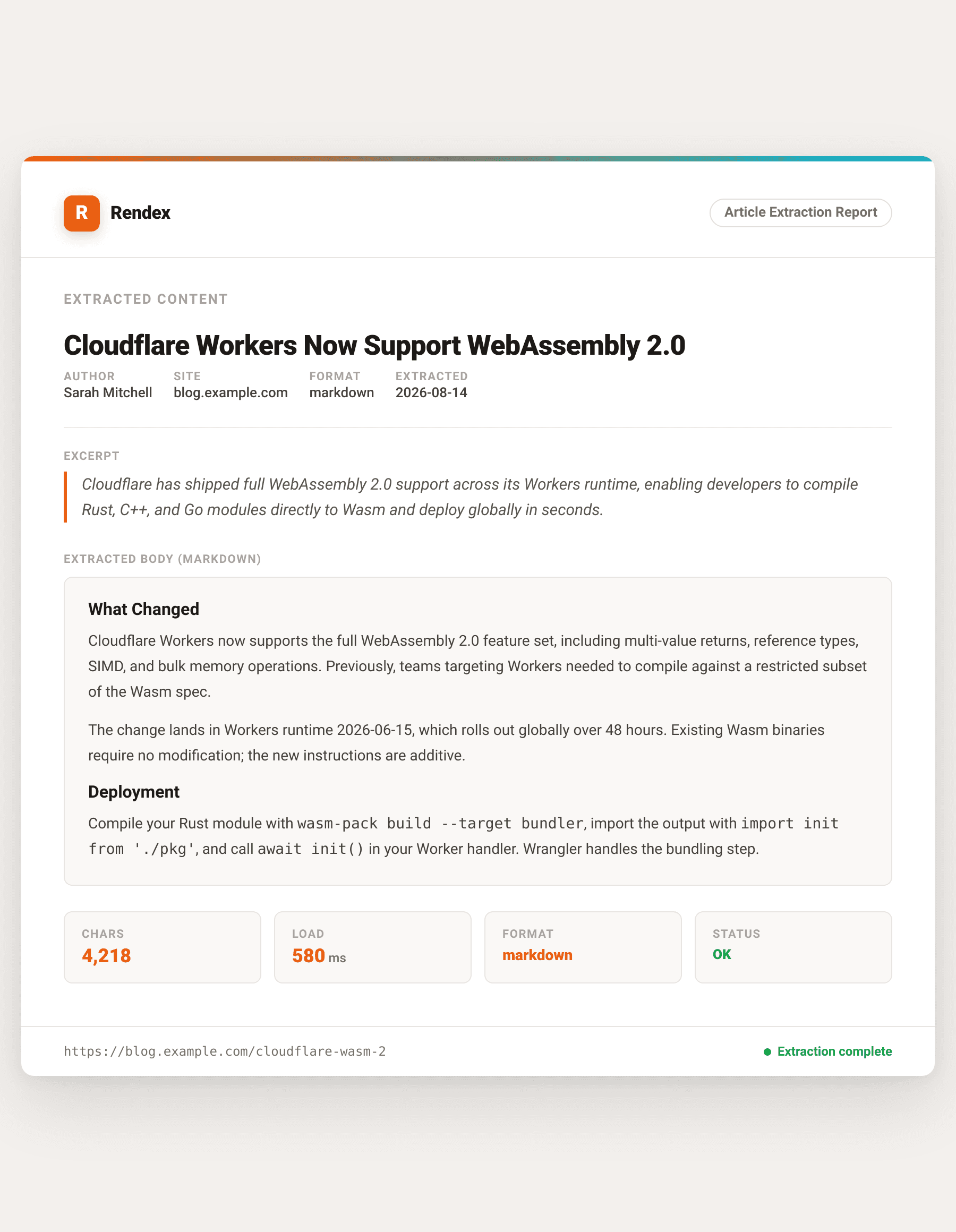 Article extraction report showing extracted title, author, and clean Markdown content from a URL using the extract article text API