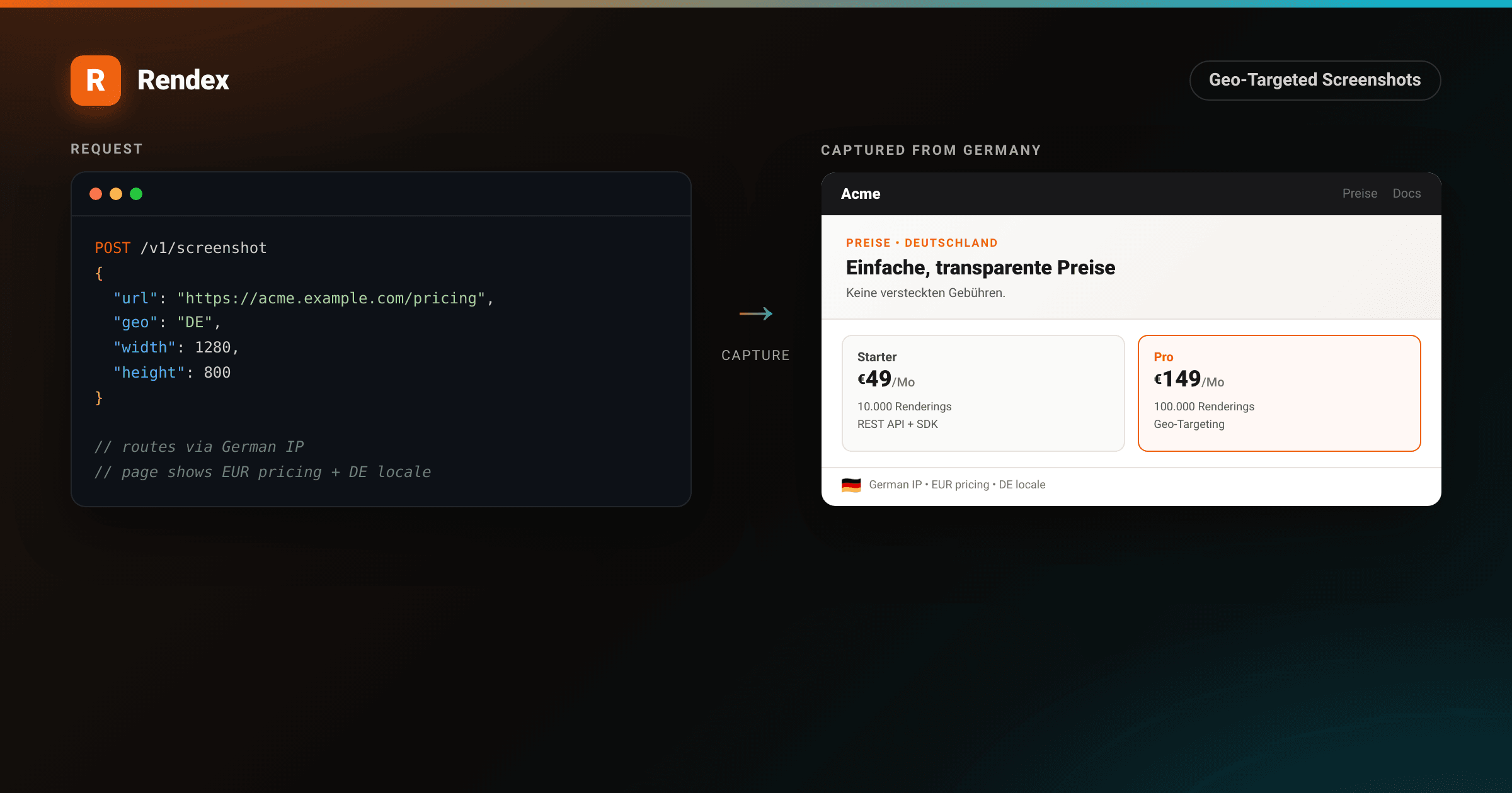 Geo-targeted screenshot API: POST /v1/screenshot with geo DE routes the request through a German IP and returns a PNG of the localized pricing page with EUR prices