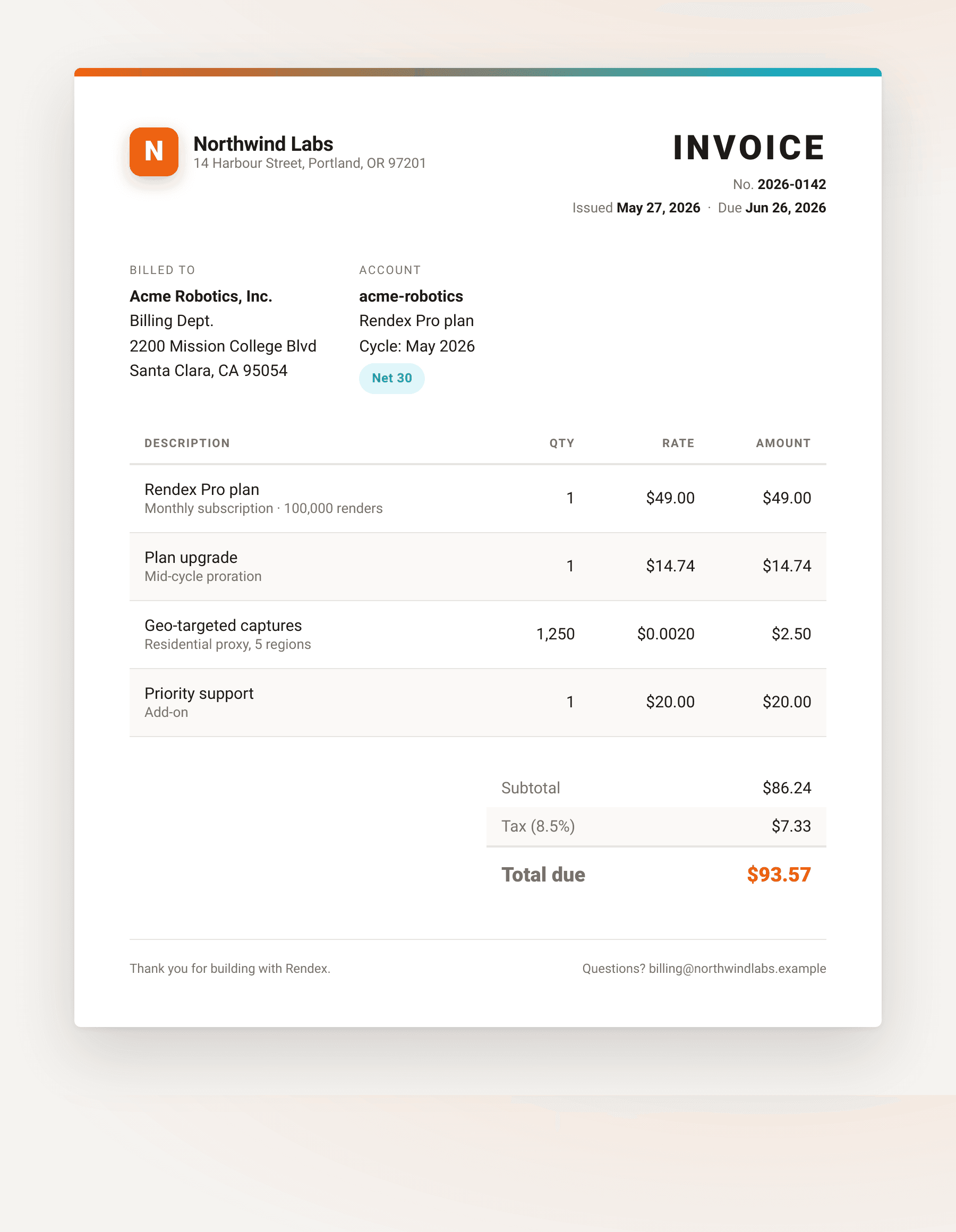 Branded invoice PDF generated by the Rendex markdown to pdf api, with line items, tax, and total rendered from a template