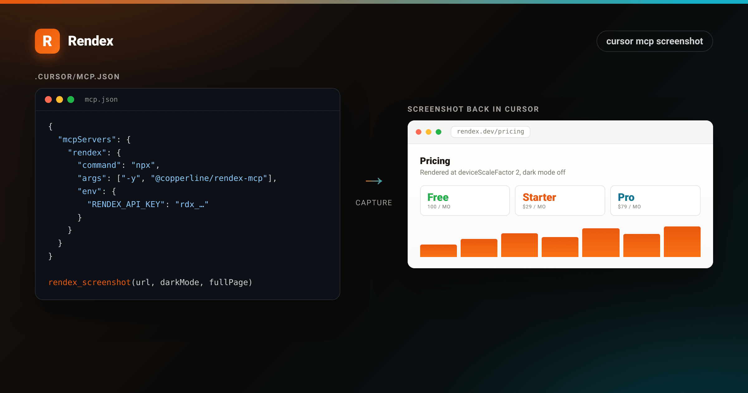 Cursor MCP screenshot config on the left and the captured rendex.dev pricing page rendered on the right