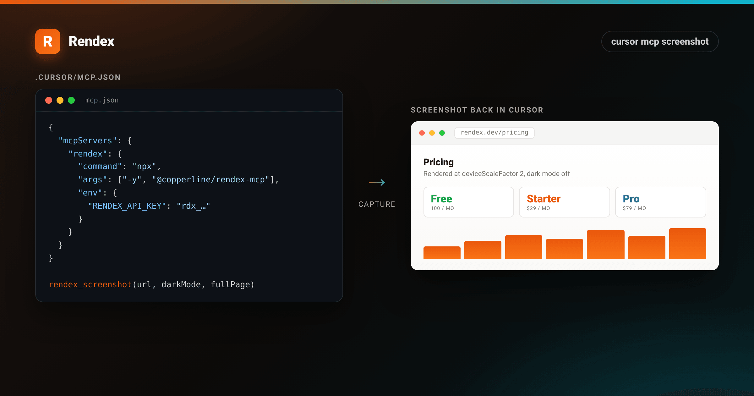 Cursor MCP screenshot config on the left and the captured rendex.dev pricing page rendered on the right