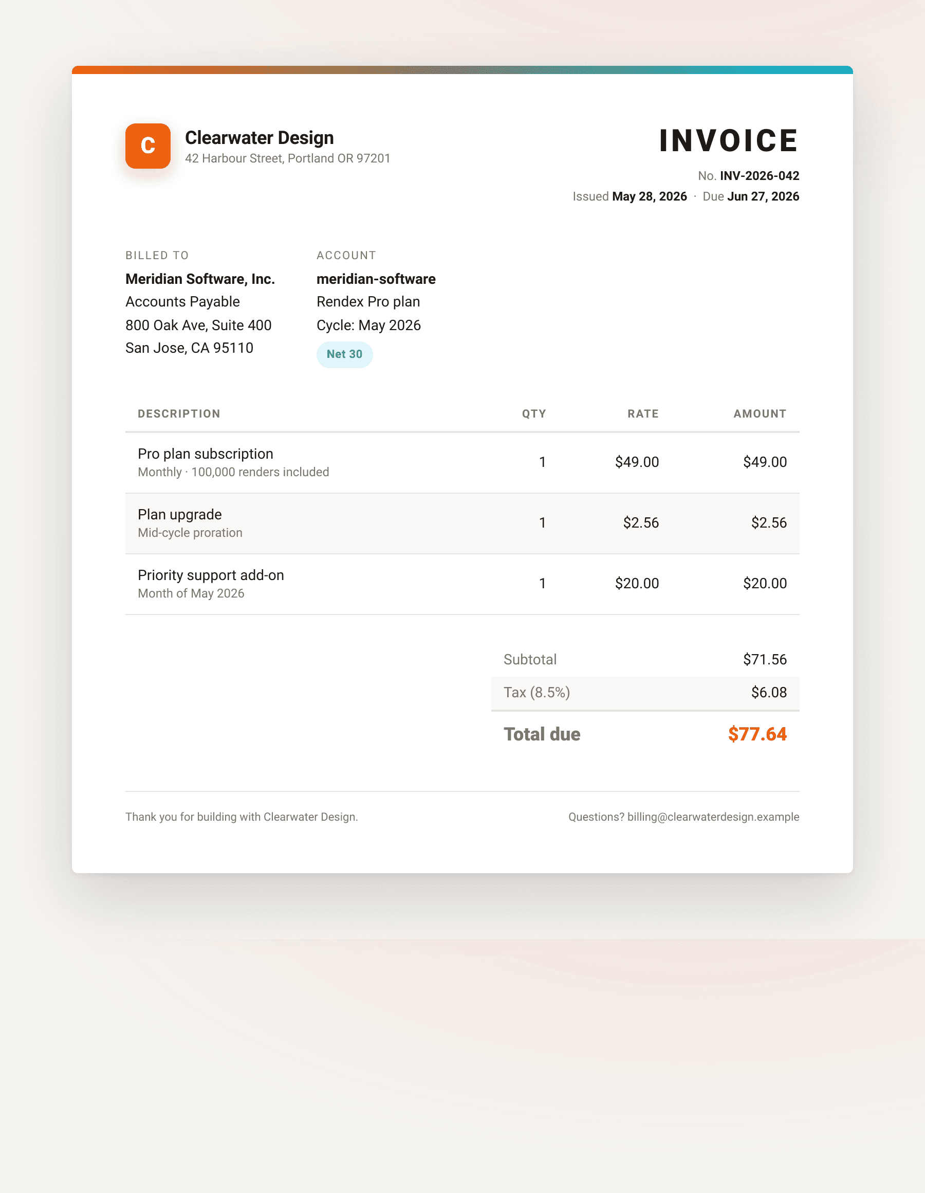 Branded PDF invoice rendered from HTML template and JSON data using the Rendex generate pdf from template API