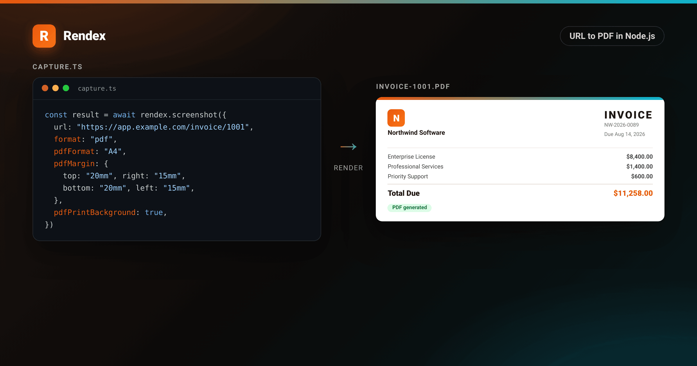 Node.js code converting a URL to PDF with the Rendex SDK, beside a rendered A4 business invoice with line items and totals