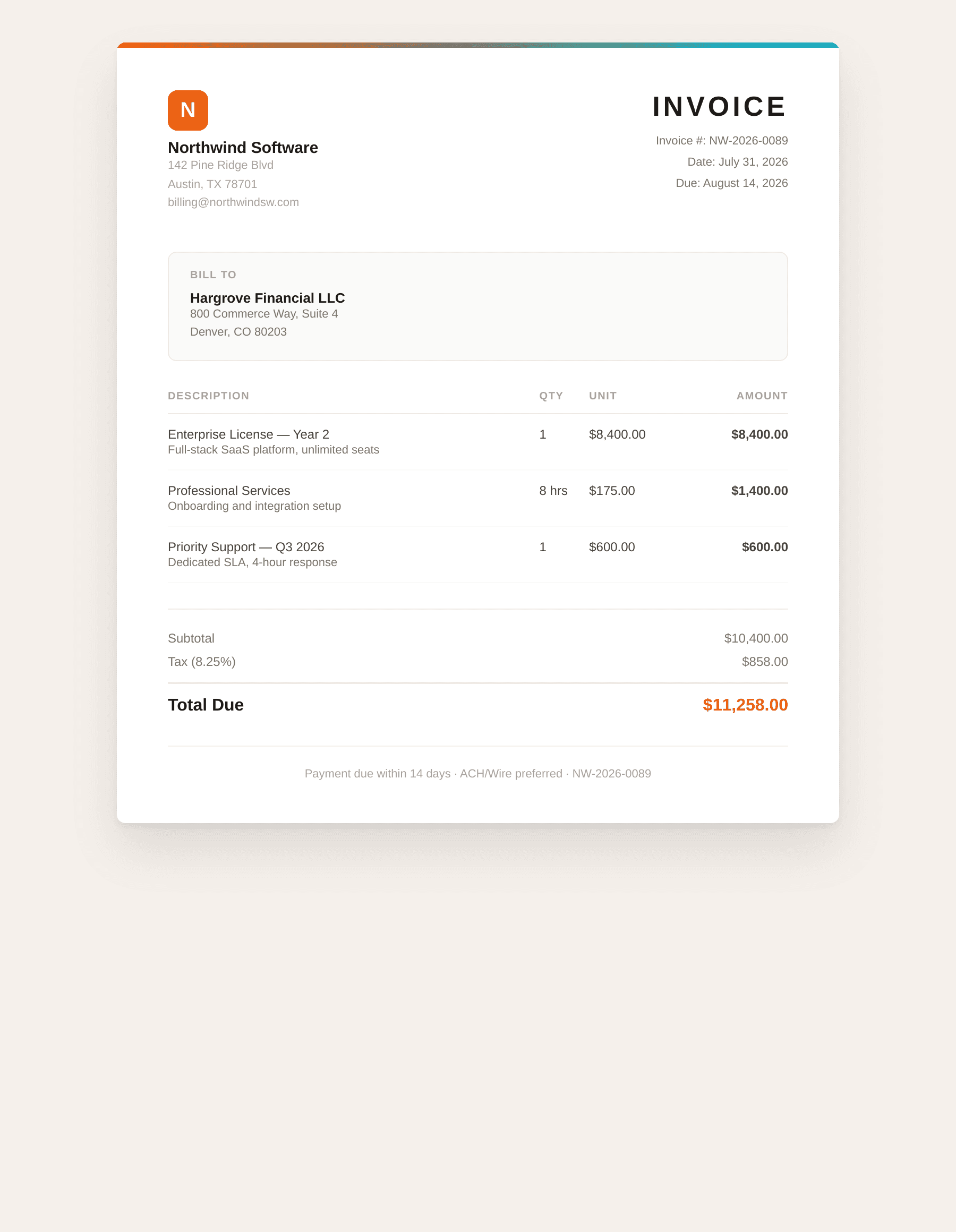 Business invoice rendered to PDF by the Rendex url to pdf node.js SDK, showing Northwind Software billing Hargrove Financial LLC for 11258.00