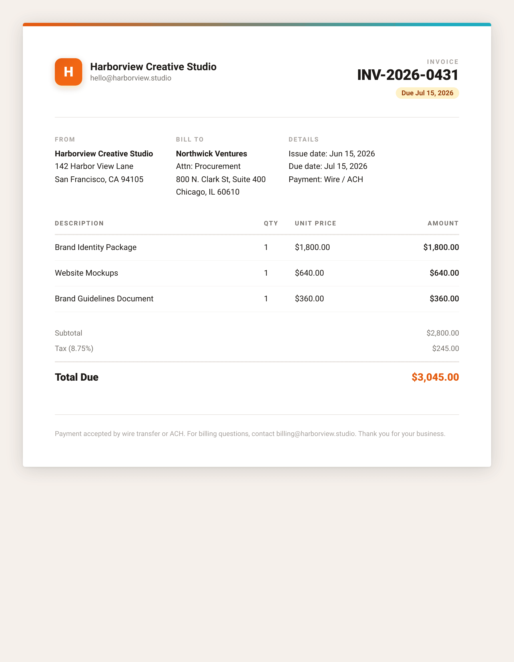 Branded invoice PDF rendered by Rendex from a Zapier Template Values dict with client name, invoice number, and total fields