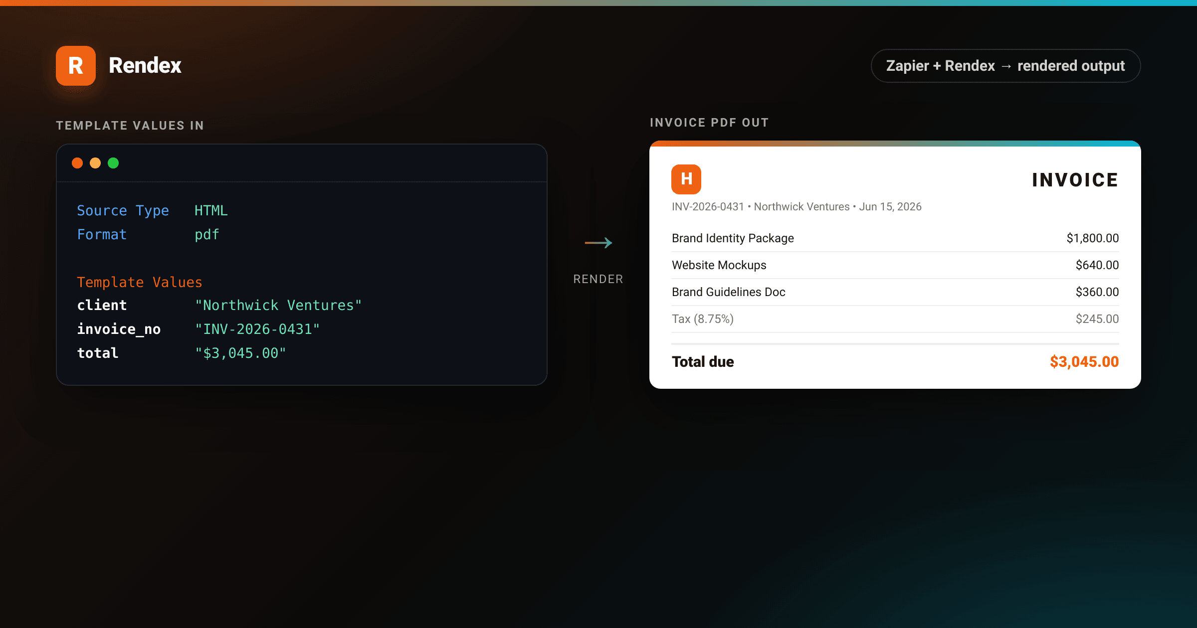 Zapier action editor with Rendex Capture Screenshot configured for zapier screenshot automation using Template Values to render an invoice PDF