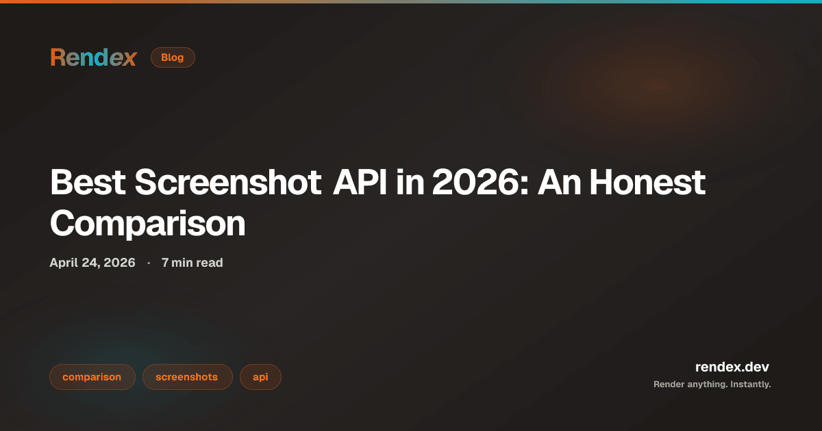 Comparison table showing best screenshot API 2026 options: Rendex vs ScreenshotOne vs Urlbox on pricing, MCP support, and features