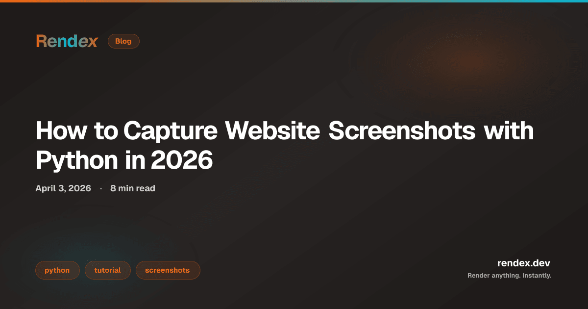 Python code capturing a website screenshot with the Rendex API. screenshot.py showing 3-line SDK usage