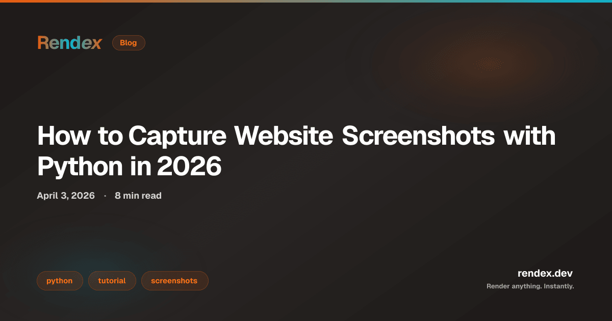 Python code capturing a website screenshot with the Rendex API. screenshot.py showing 3-line SDK usage