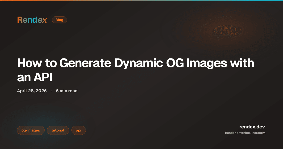 TypeScript code generating a dynamic OG image with the Rendex API, showing html parameter and 1200x630 viewport for generate og images api
