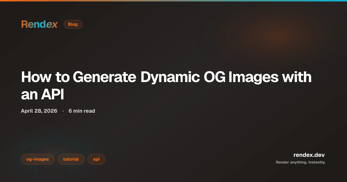 TypeScript code generating a dynamic OG image with the Rendex API, showing html parameter and 1200x630 viewport for generate og images api