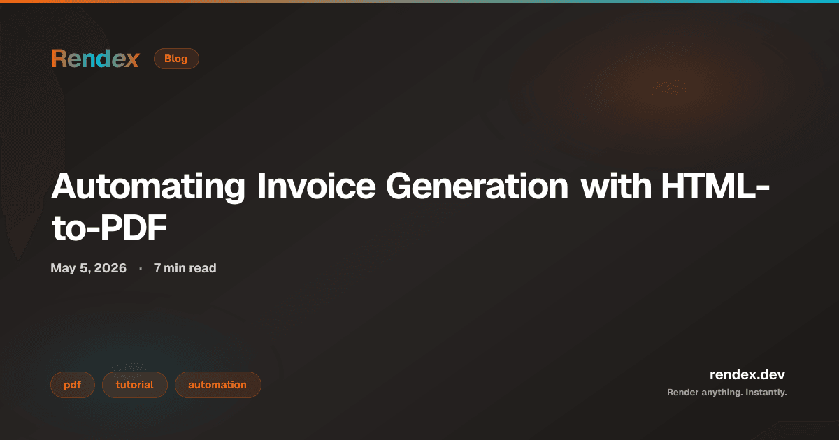 TypeScript code showing html to pdf invoice api: Rendex screenshot call with html and format:pdf parameters for automated invoice rendering