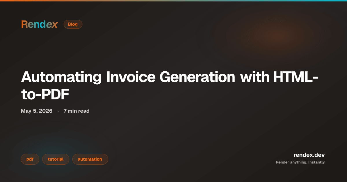 TypeScript code showing html to pdf invoice api: Rendex screenshot call with html and format:pdf parameters for automated invoice rendering