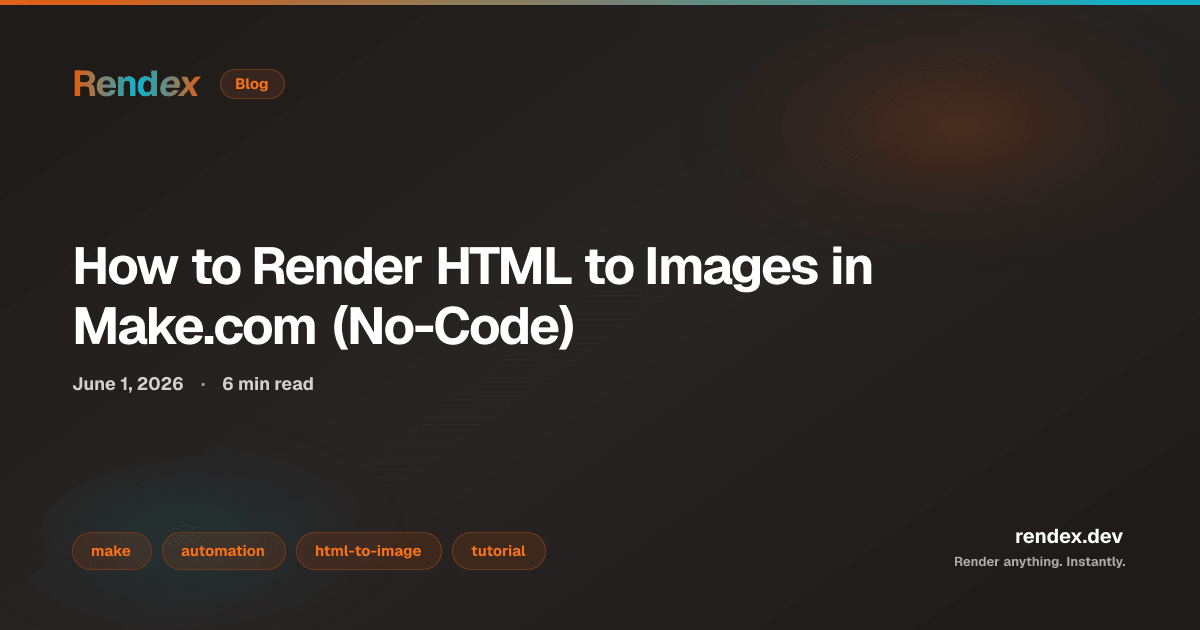 Make.com HTTP module configured to POST HTML to the Rendex API at api.rendex.dev/v1/screenshot to render html to image in Make.com