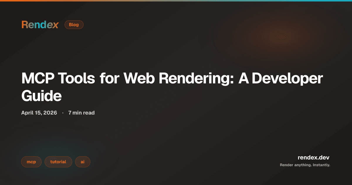Claude Desktop config JSON showing Rendex as an mcp rendering tool, with rendex_screenshot tool call examples