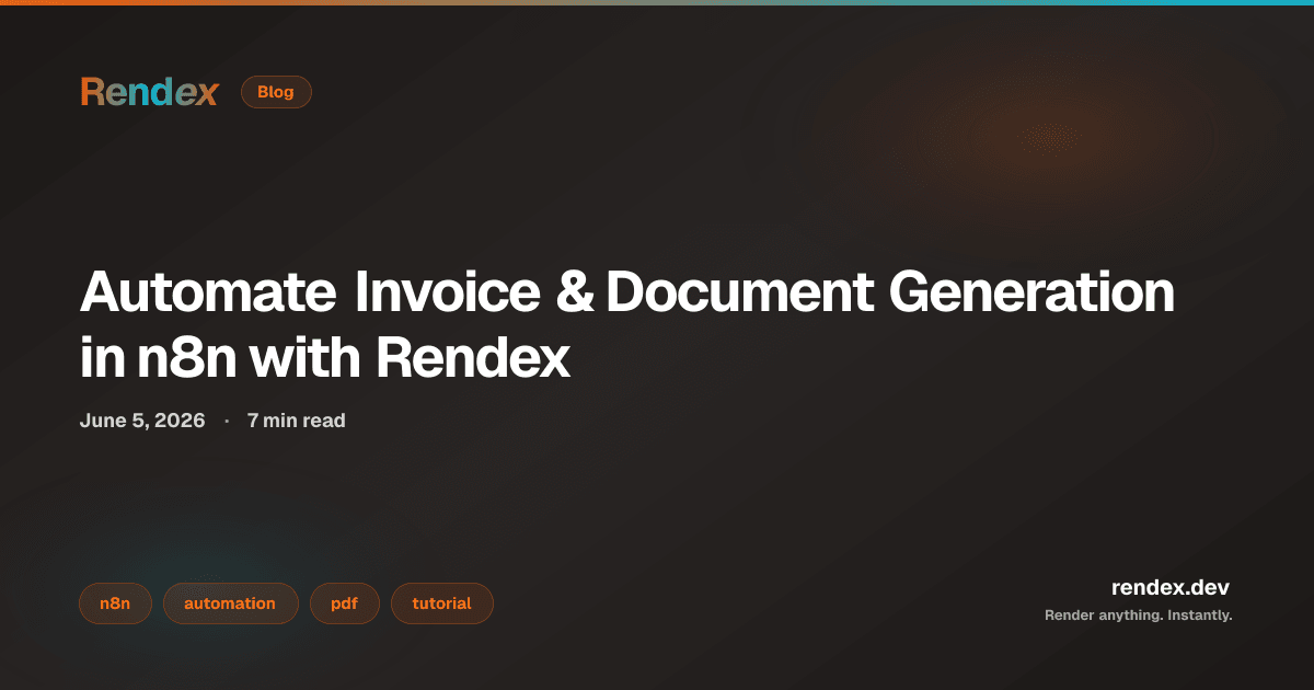 n8n workflow with the Rendex node set to Screenshot Capture and Source HTML, rendering an invoice template to PDF for n8n invoice automation