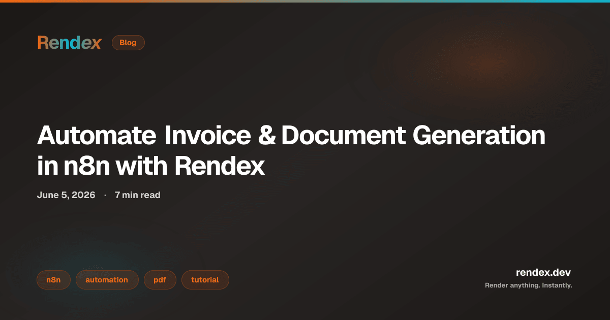 n8n workflow with the Rendex node set to Screenshot Capture and Source HTML, rendering an invoice template to PDF for n8n invoice automation