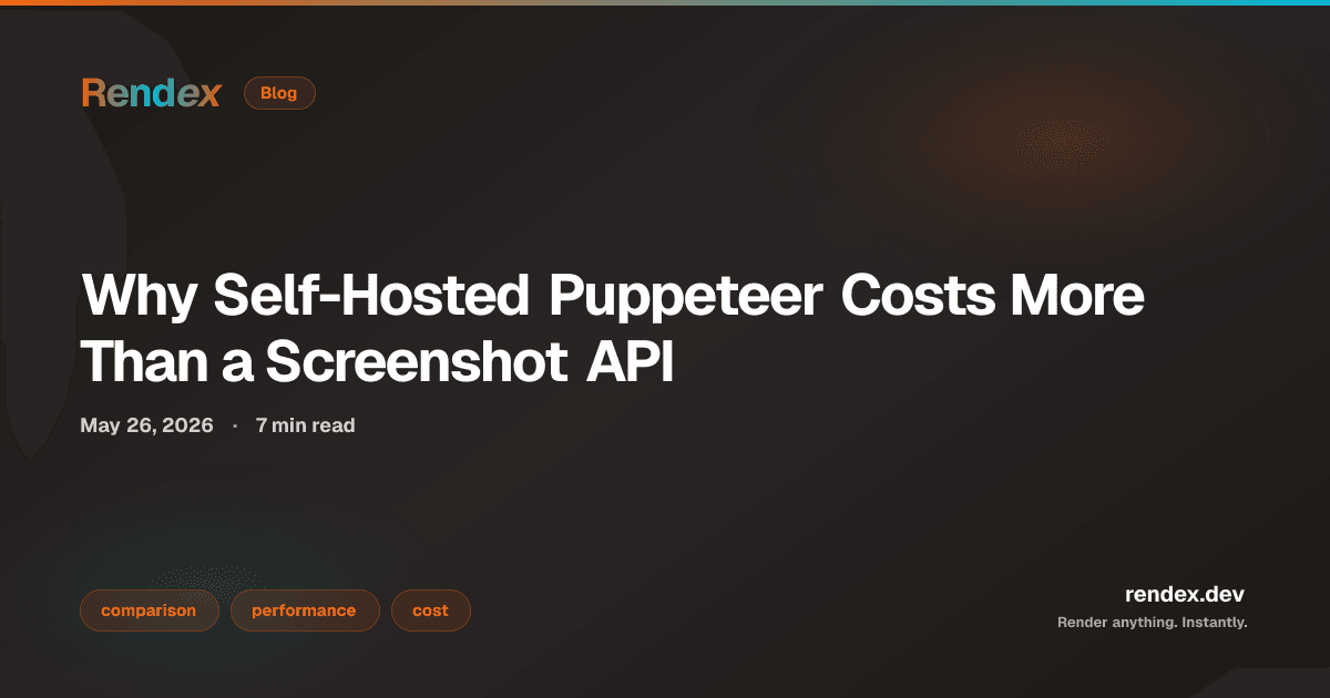 Cost comparison table for puppeteer vs screenshot api: EC2 t3.xlarge at $120/mo versus Rendex Starter plan, showing infrastructure and maintenance breakdown