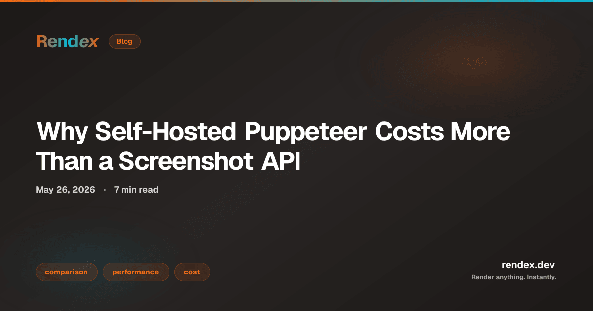 Cost comparison table for puppeteer vs screenshot api: EC2 t3.xlarge at $120/mo versus Rendex Starter plan, showing infrastructure and maintenance breakdown