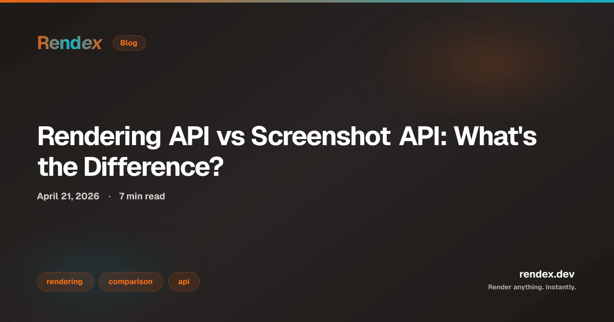 TypeScript code showing a rendering API call with format: pdf and html: input, comparing rendering API vs screenshot API capabilities