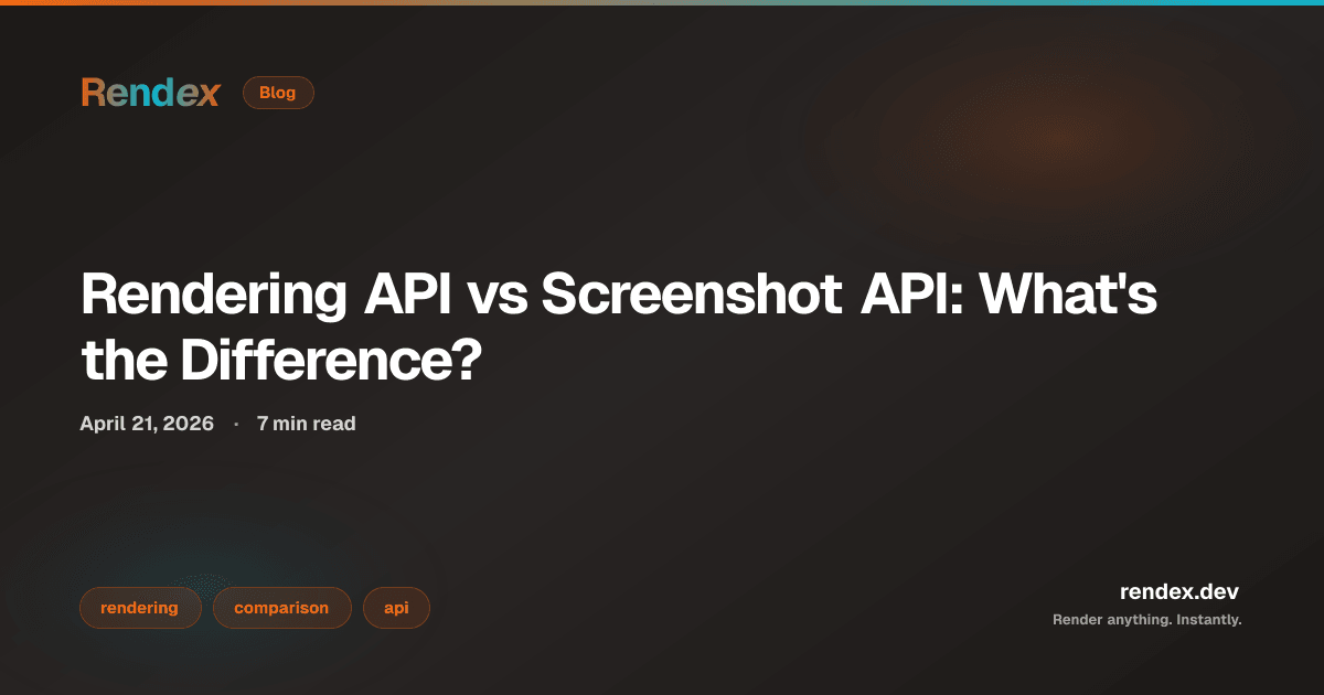 TypeScript code showing a rendering API call with format: pdf and html: input, comparing rendering API vs screenshot API capabilities