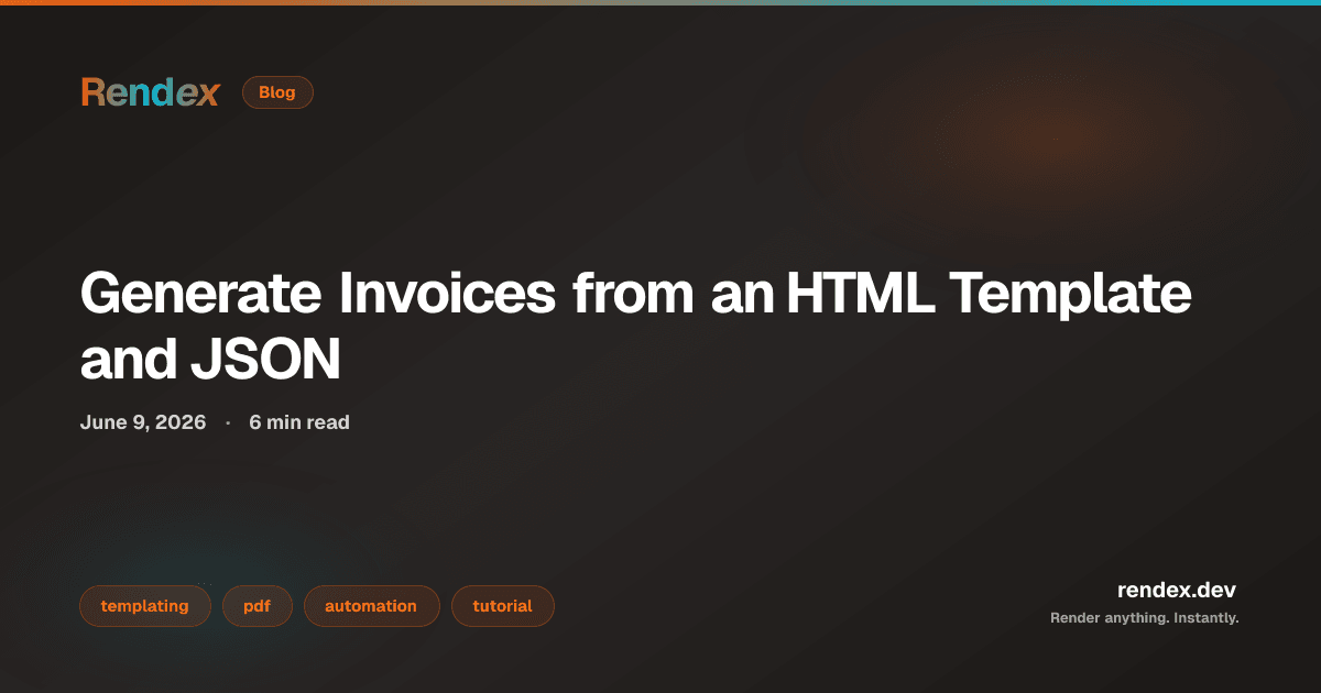 HTML invoice template with Mustache placeholders being rendered to PDF by the generate pdf from template Rendex API