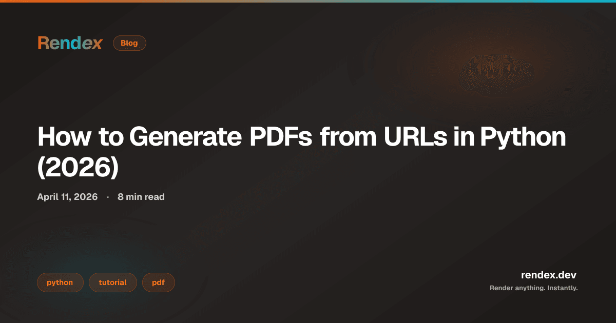 Python code generating a PDF from a URL with the Rendex API. url_to_pdf.py showing 3-line SDK usage with A4 page size