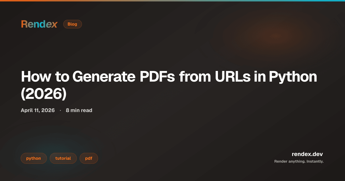 Python code generating a PDF from a URL with the Rendex API. url_to_pdf.py showing 3-line SDK usage with A4 page size