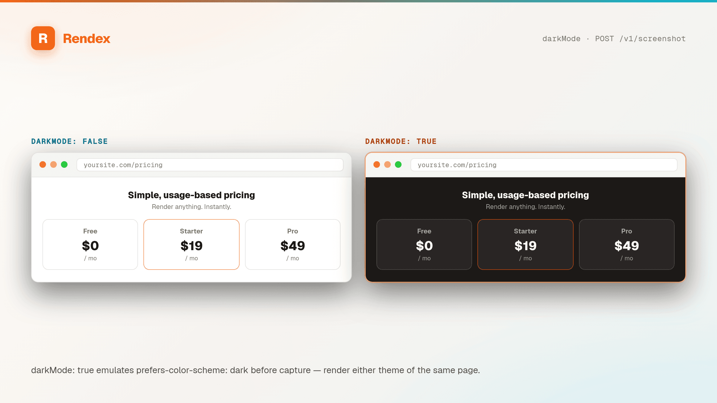The same pricing page rendered in light mode and in dark mode by Rendex.