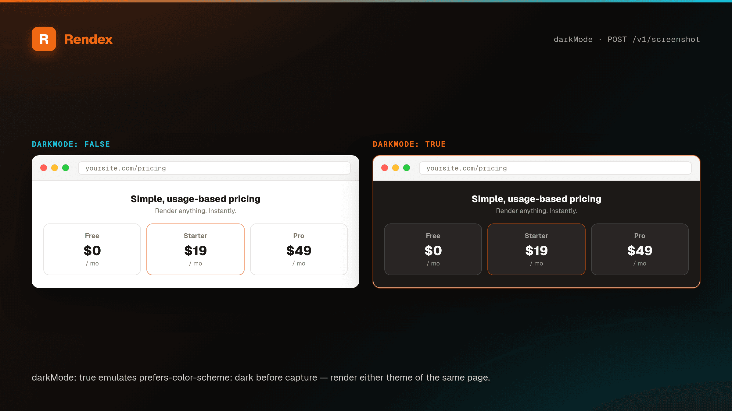 The same pricing page rendered in light mode and in dark mode by Rendex.