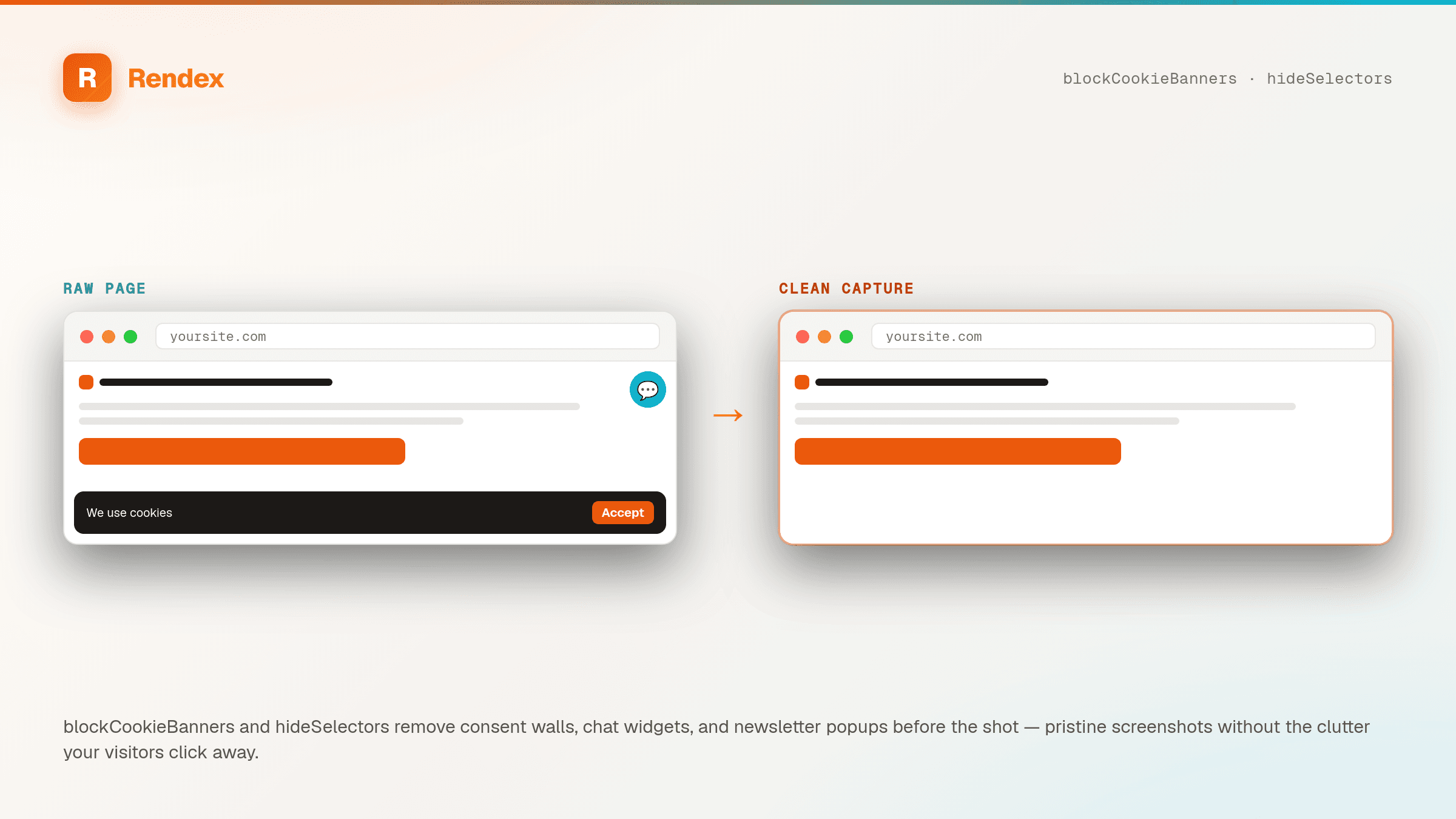 The same page captured two ways: raw, with a cookie consent bar and a chat bubble, versus a clean capture with blockCookieBanners and hideSelectors stripping them away.