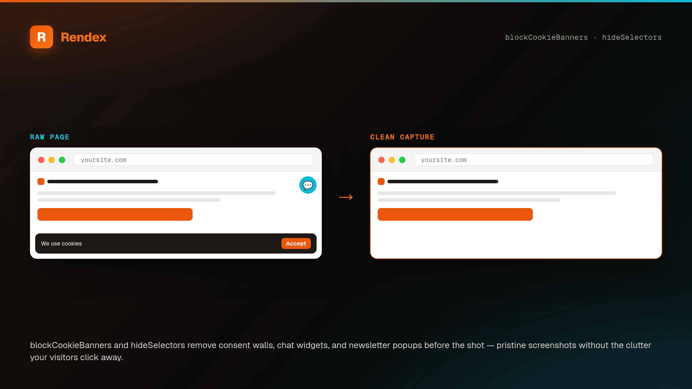 The same page captured two ways: raw, with a cookie consent bar and a chat bubble, versus a clean capture with blockCookieBanners and hideSelectors stripping them away.
