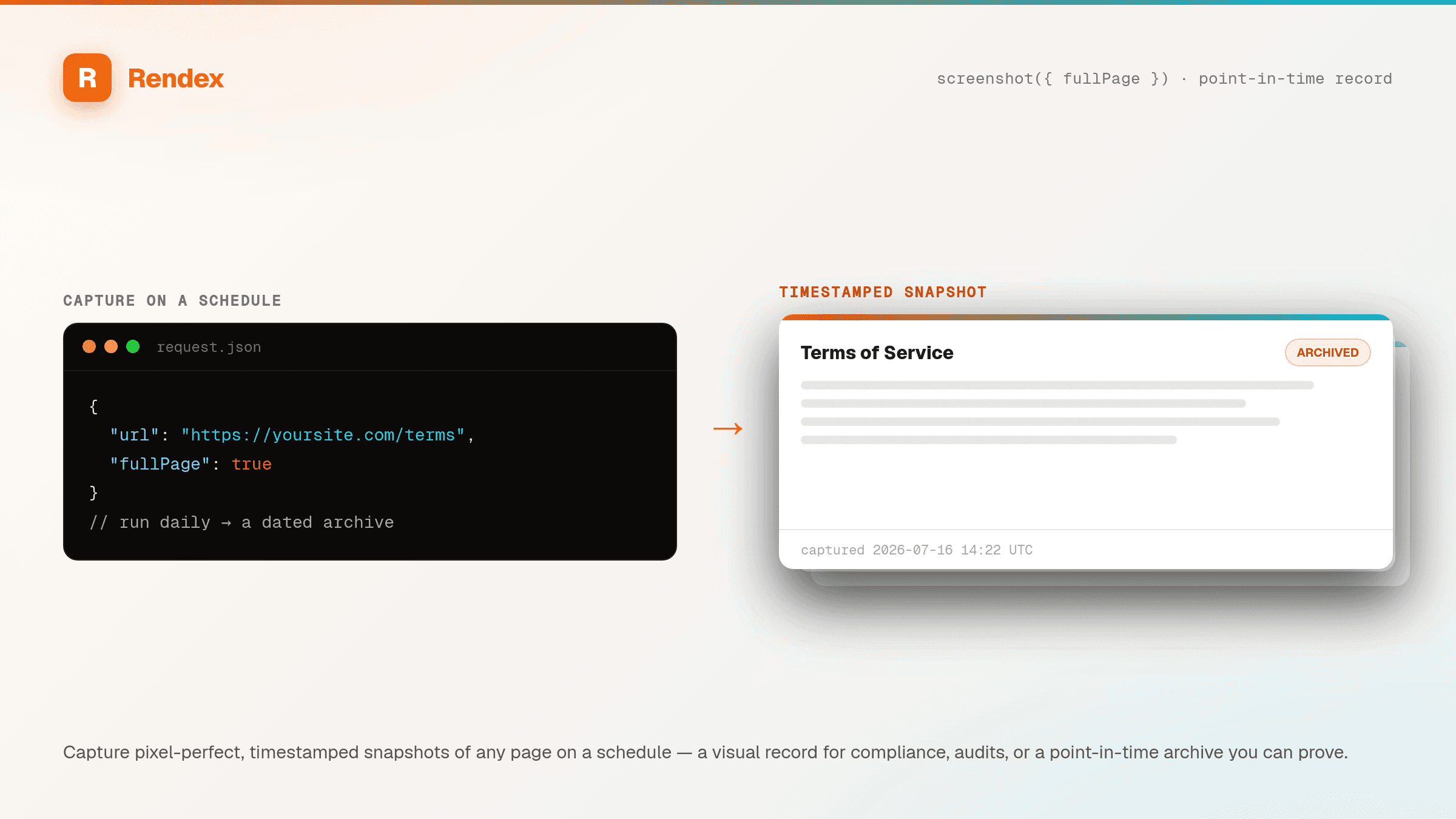 A scheduled full-page screenshot request on the left, and a stack of dated, timestamped Terms-of-Service snapshots marked ARCHIVED with a capture time on the right.